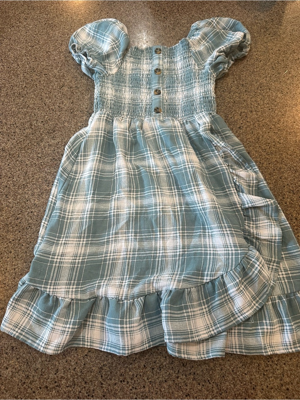 wonder nation Light Teal and White Plaid Smocked Puff Sleeve Dress